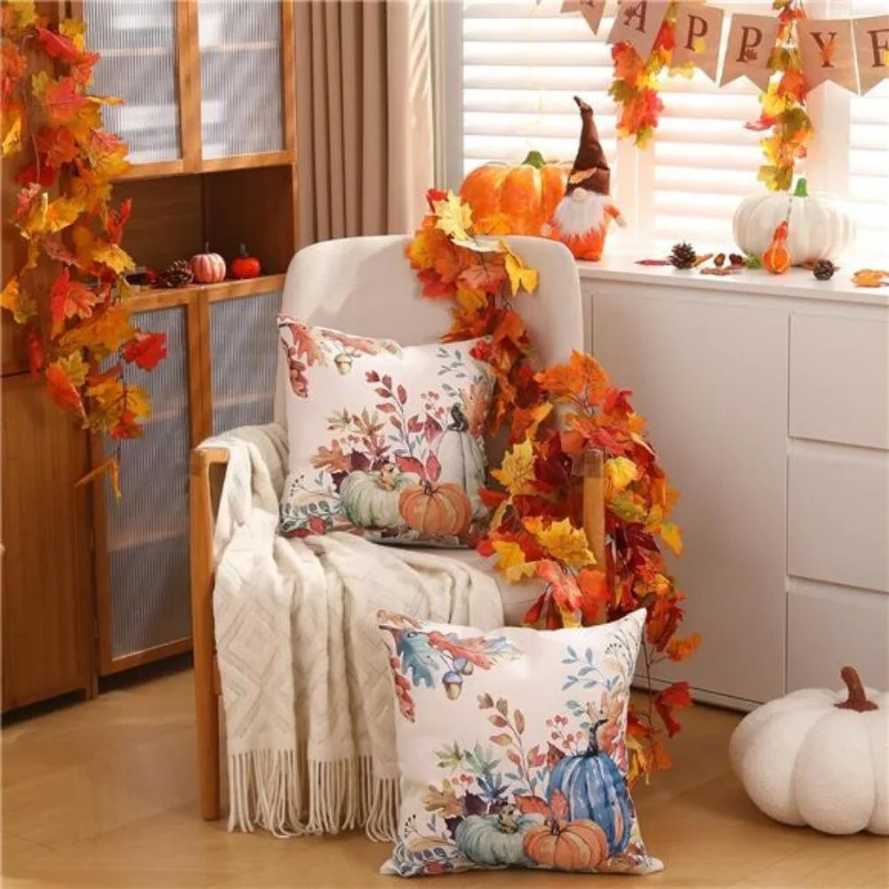 18x18 inch Set of 2 Blue and Green‎ Watercolor Pumpkin Leaf Throw Pillow Covers